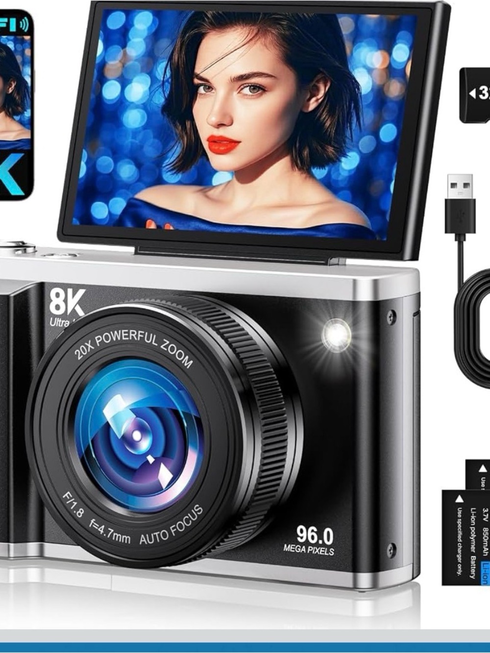 Amazon 8K Digital Camera - Black & Silver with Flip LCD